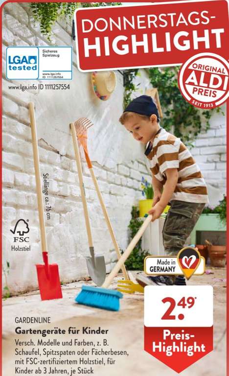 Aldi Süd: Gartengeräte für Kinder in stabiler Ausführung, Holzstiel+Metall , Schaufel,Besen usw. , ab 16.03.23