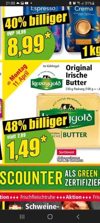 Norma und Hit ab 11.04.: Kerrygold Butter, 250g Stück aus Irischer Weidemilch, im Kühlregal, Kilopreis liegt hier bei rund 6€