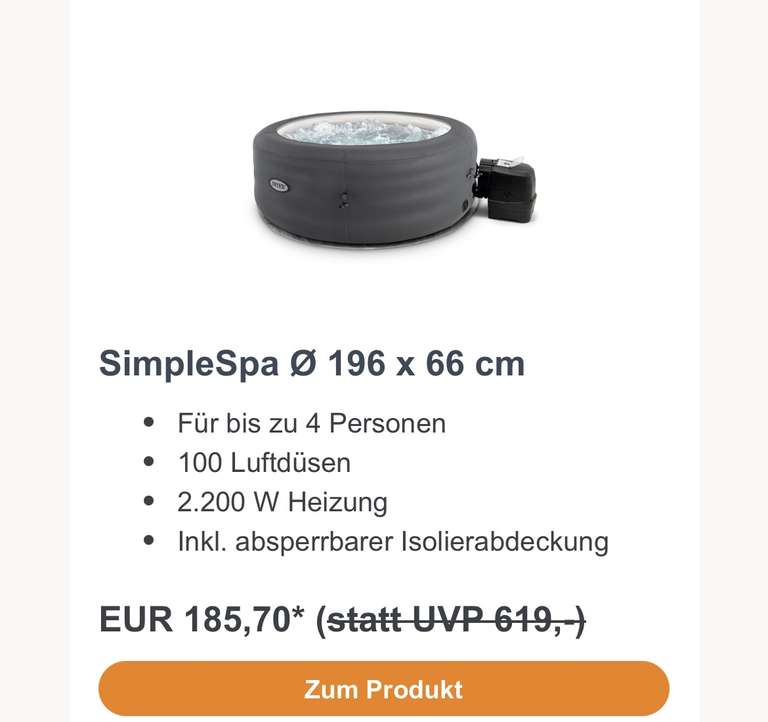Intex SimpleSpa Ø 196 x 66 cm Whirlpool im Steinbach Black Friday Sale ab ab Montag 20.11.2023, 8 Uhr MEZ für 185,70€ (idealo 379,99)
