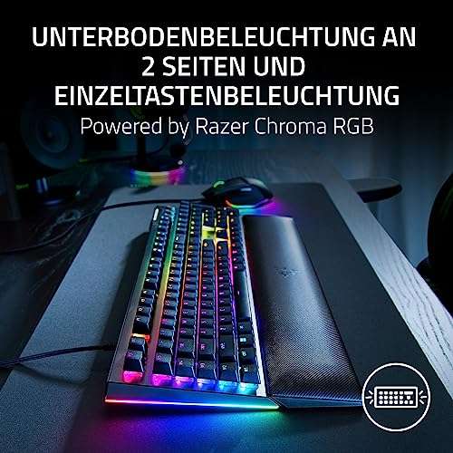 Razer BlackWidow V4 mechanische Tastatur | Full-Size | Metallgehäuse | Razer GREEN Clicky Gen3 Switches | RGB LEDs | inkl. Handballenauflage
