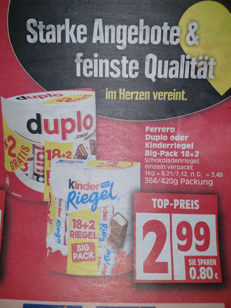 (Offline Edeka Nordwest) Ferrero Duplo oder Kinder Riegel Big-Pack 18+2