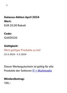 Aktuell gibts bei Galaxus 20€ Rabatt ab einem MBW von 100€ für den Bereich IT und Multimedia