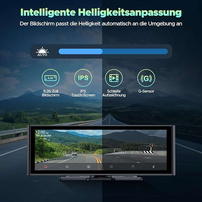 9.26 Zoll Bildschirm mit 4K Dashcam vorne ,1080P Rückfahrkamera, Wireless CarPlay Android Auto, Mirror Link, FM/AUX, 64SD