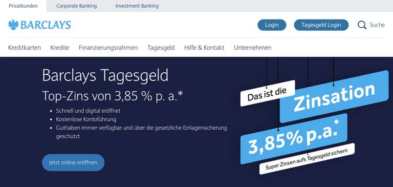 Barclays Tagesgeld 3,85% p.a. für 6 Monate bis 250.000 Euro ab 28.09. Neukunden
