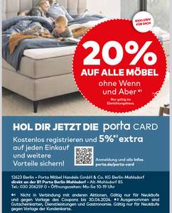 Bei PORTA in Berlin Mahlsdorf 20 % auf alle Möbel mit diesem Gutschein - bis 30.04.2024