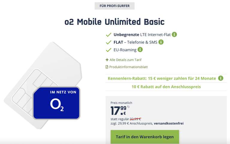 o2 Mobile Unlimited Basic 17.99 monatlich plus 29.99 einmalig