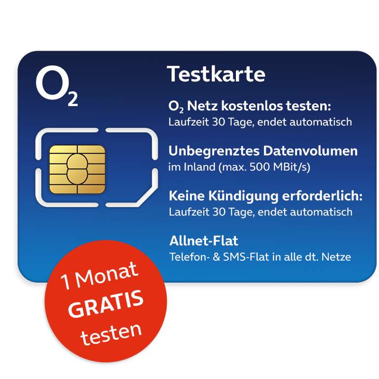 o2 Testkarte mit Unbegrenztem Datenvolumen und Allnet-Flat - 1 Monat kostenlos (auch Alt-Kunden)