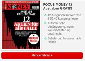 Jahresabo Focus Money, davon die ersten 12 Ausgaben Focus Money im Wert von 56,40 gratis (Endet nicht automatisch, Widerruf erforderlich)