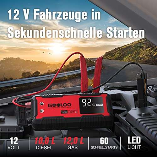 GOOLOO GT4000S KFZ-Starthilfe Powerbank, 4000A 100W, für 12V Fahrzeuge (12.0L Benzin & 10.0L Diesel), 3,2" LCD Bildschirm
