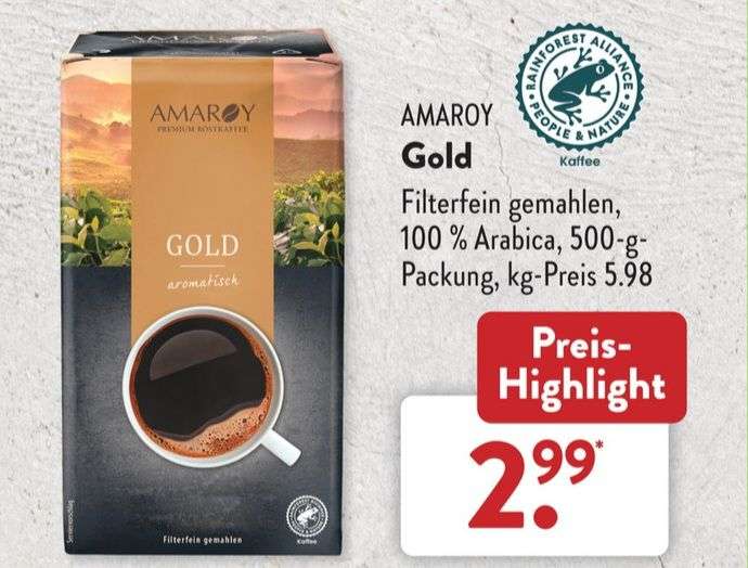 Aldi Süd: 500g gemahlener Bohnen-Kaffee von 'Amaroy', 100% Arabica , ab 06.04.23 verfügbar