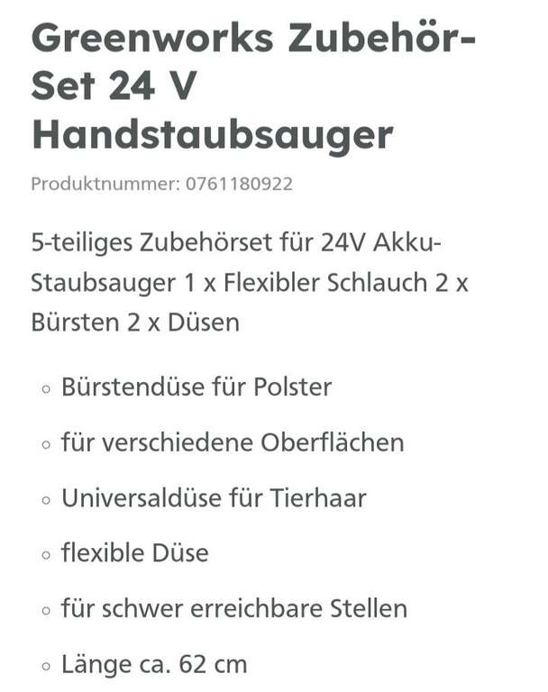 Globus Baumarkt: Greenworks 24V Staubsauger-Zubehör , evtl.passend für andere Marken= Rückversand kostenlos!