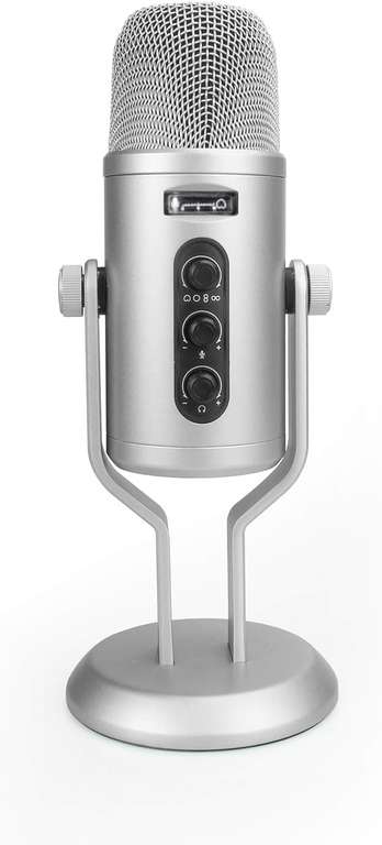 USB Kondensatormikrofon 192 kHz/24 Bit Lautstärkeregler OLED-Display Silber mit Standfuß NEU