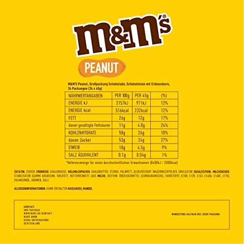 (Sammeldeal) z.B. M&M'S Peanut Beutel, kleine Packungen für unterwegs (24 x 45g) (8,49€ möglich) (Prime Spar-Abo)