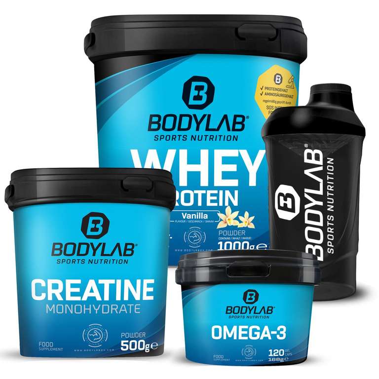 Bodylab Bundle(1kg Whey Protein in verschiedenen Geschmacksrichtungen, 500g Kreatin Monohydrat, 120 Omega-3 Kapseln + Shaker)