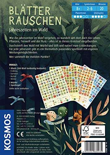 Kosmos Blätterrauschen - Jahreszeiten im Wald, Roll & Write Spiel, 2-6 Spieler, Würfelspiel mit Spielblock (680435) für 6€ (Amazon Prime)