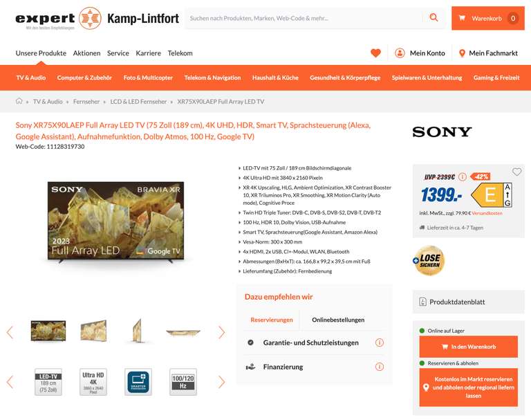Sony XR-75X90L Full Array LED TV | 75 Zoll 4K UHD, HDR, Dolby Atmos | Expert u.a. Kamp-Lintfort