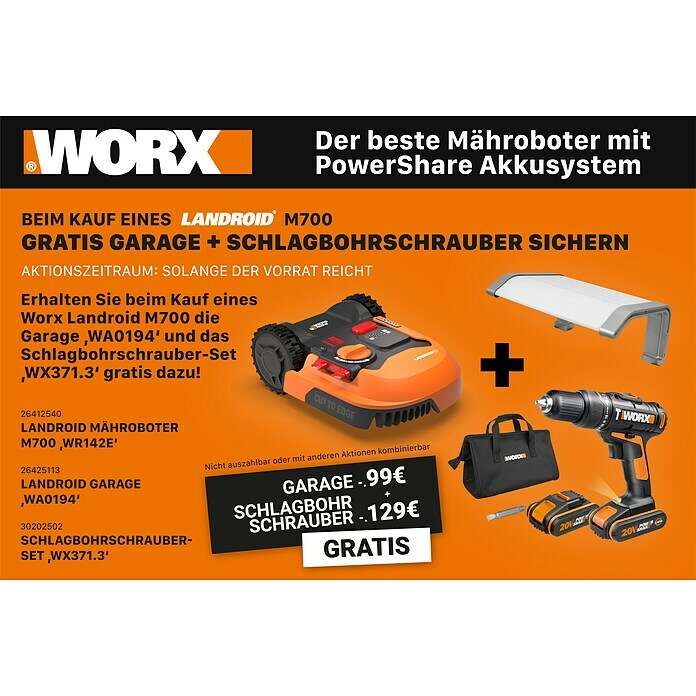 Worx Landroid Mähroboter M700 inkl. gratis Garage und Schlagbohrschrauber