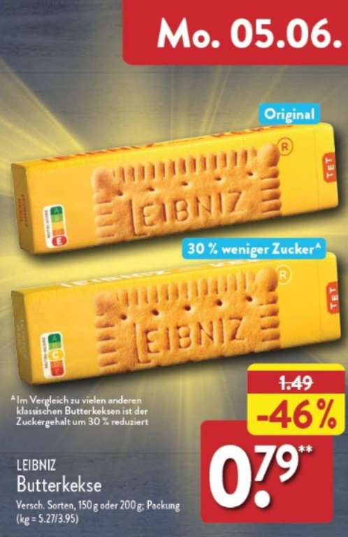 Aldi Nord ab Morgen(05.06.): Leibniz Butterkeks in versch.Sorten, 150g(kg 5.27€) -200g(kg 3.95€) Packung