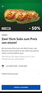 Subway (Lidl App) - Zwei 15 cm Subs zum Preis von einem