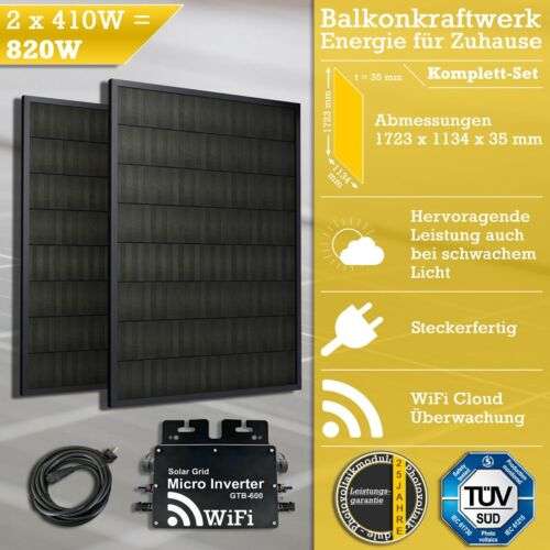 Balkonkraftwerk 820W/ 600W 2x Photovoltaik-Modul (2x 410W) + Wechselrichter 600W