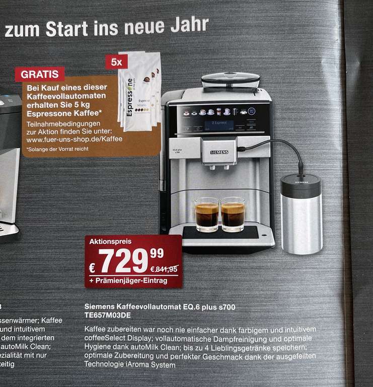 (Stationär) FÜR UNS SHOP | Siemens Kaffeevollautomat EQ.6 plus s700 + 5kg Espressone Kaffeebohnen