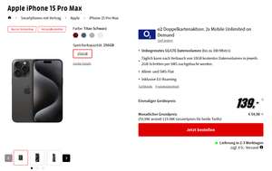 Iphone 15 Pro Max 256GB + 2x O2 Unlimited On Demand Handyvertrag [59,99€ Mtl. 139,99€ Einmalig]