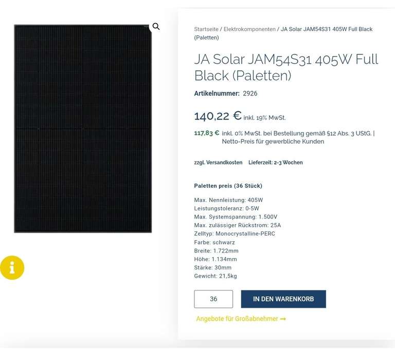 JA Solar Full Black PV Module JAM54S31 405W (36 Stück/ volle Palette, 0,30€/Wp) inkl Versand
