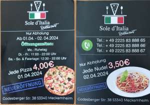 [lokal Meckenheim] Jede Pizza für 4€ am 01.04. und jedes Nudelgericht für 3,50€ am 02.04. bei Sole d'Italia