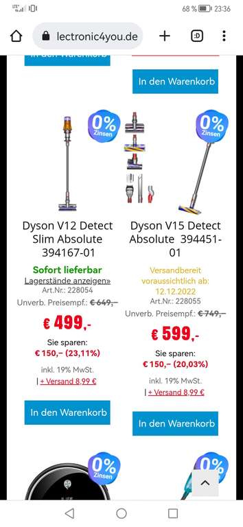 Dyson V12 Absolute 499€ oder V15 Absolute 599€