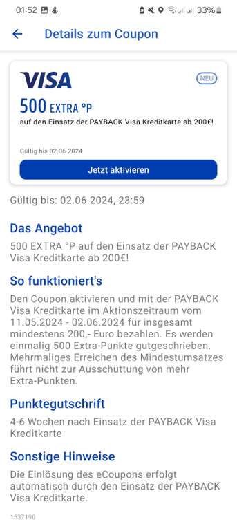[Payback VISA Kreditkarte] 500 °P Extra bei Einsatz der Payback VISA Kreditkarte ab bestimmtem Umsatz (z.B. 200€) [personalisiert]