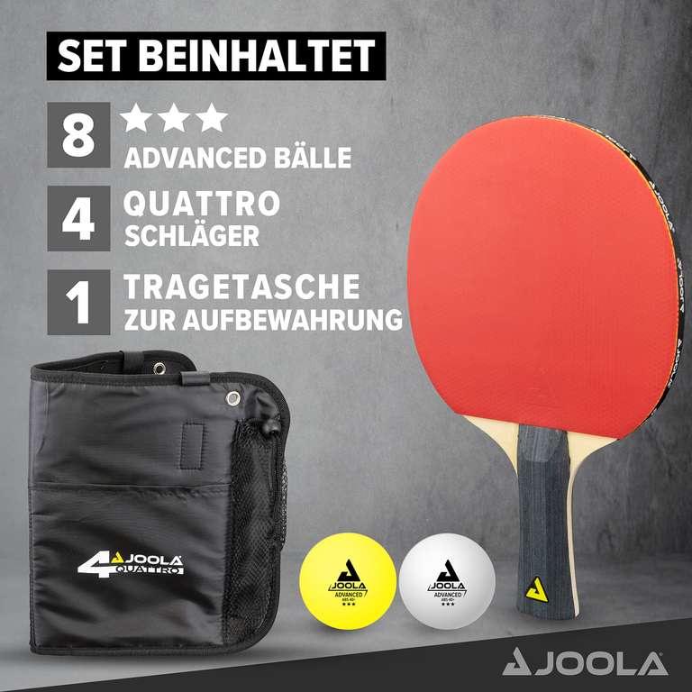 JOOLA Tischtennis-Set Family Quattro, Tischtennis-Set mit 4 QUATTRO Tischtennisschlägern, 10 Tischtennisbällen und Tragetasche [Prime]