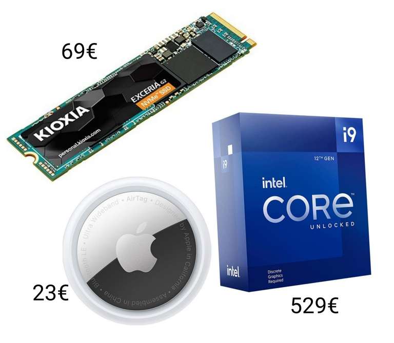 Kioxia Exceria G2 1TB M.2 NVMe (TLC, DRAM) für 69€ / Apple Airtag 1er für 23€ / Intel Core i9-12900KF, 8C+8c/24T für 529€