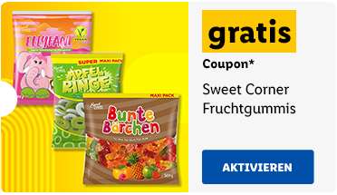 [Lidl Plus] "Über mich" Profil vervollständigen und am Folgetag Gratis Sweet Corner Fruchtgummis Coupon erhalten, 10 Euro MBW