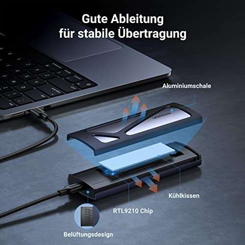 [Amazon] UGREEN NVMe M.2 USB 3.2 SSD Festplattengehäuse mit Kühlkissen 10 Gbps, inkl. 2 Kabel, werkzeuglos