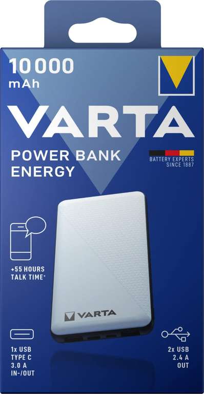 VARTA Power Bank 10000mAh, Powerbank Energy mit 4 Anschlüssen (1x Micro USB, 2x USB A, 1x USB C), inkl. Micro USB Ladekabel (Prime/OTTO Flat