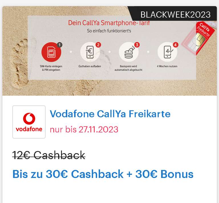 [Vodafone + Shoop] Vodafone CallYa Freikarte: Bis zu 30€ Cashback + 30€ Bonus