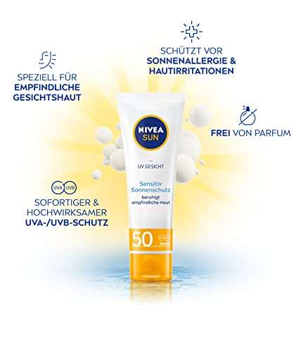 [PRIME/Sparabo] NIVEA SUN UV Gesicht Sensitiv Sonnencreme LSF 50+ (50 ml), Gesichtscreme mit LSF 50+ für empfindliche Haut, sofort wirksam