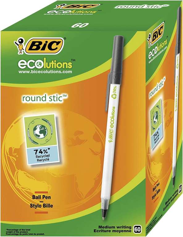 [Amazon Prime] BIC Kugelschreiber ECOlutions Round Stic, in Schwarz, Strichstärke 0,4 mm, 60er Pack