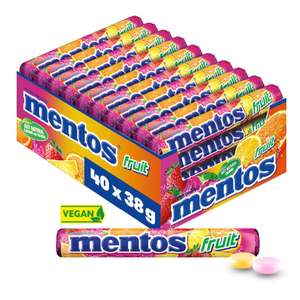 Mentos Fruit Dragees, 40 Rollen Bonbons, Frucht-Geschmack mit Orange + Zitrone + Erdbeere (Prime Spar-Abo)