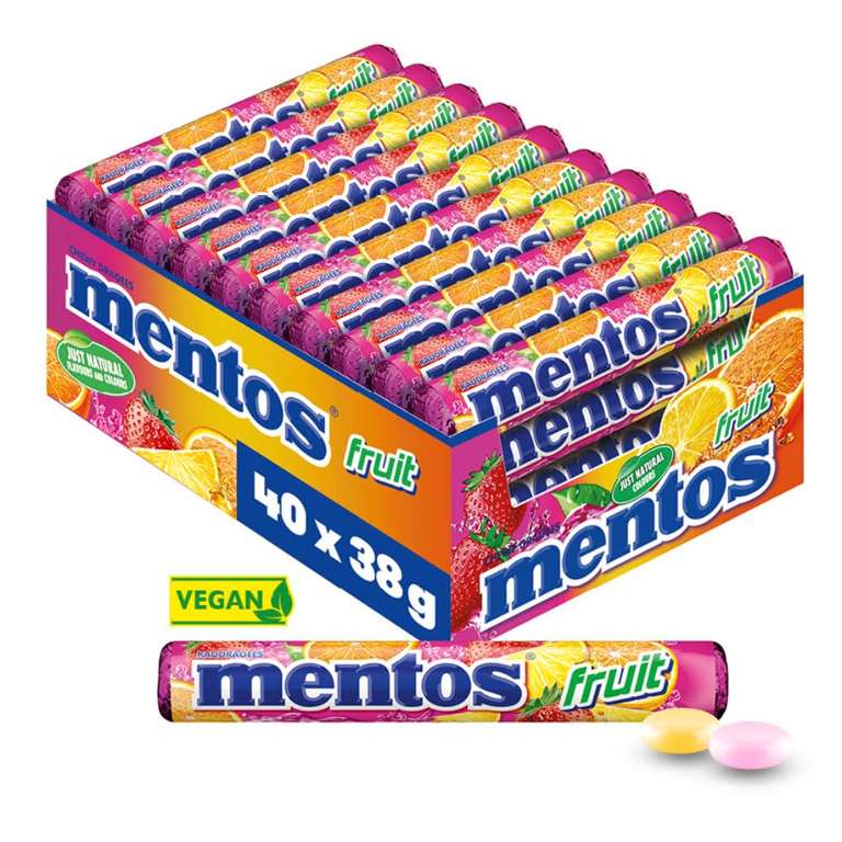 Mentos Fruit Dragees, 40 Rollen Bonbons, Frucht-Geschmack mit Orange + Zitrone + Erdbeere (12,60€ möglich) (Prime Spar-Abo)