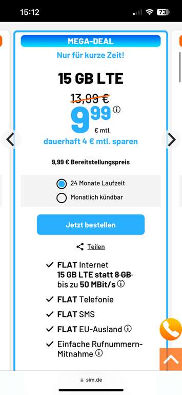 Sim.de (drillisch) - 15GB LTE -