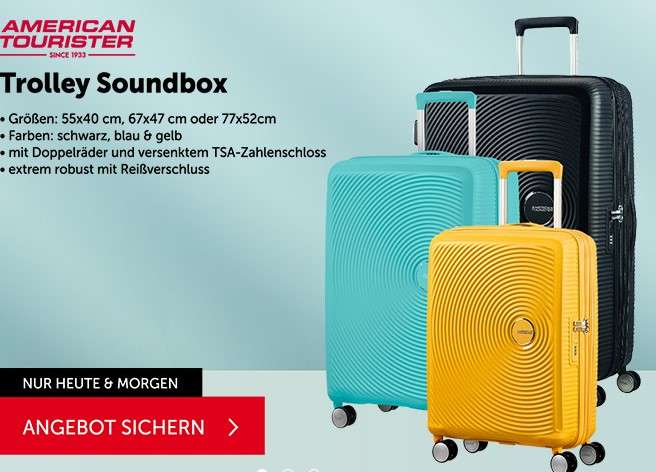 American Tourister Trolley Soundbox 55, 67 oder 77cm in schwarz, blau oder gelb zu Top-Preisen, z. B. 55cm schwarz für 70€ [interspar.at]
