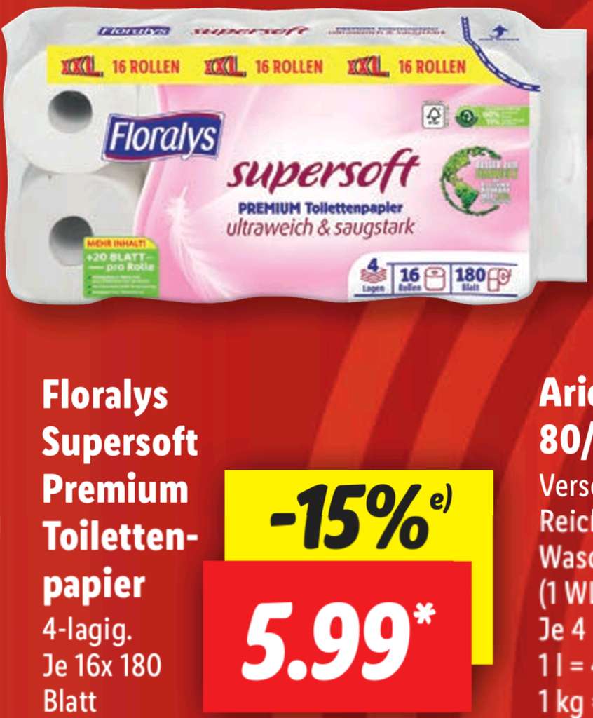 [Lidl] Toilettenpapier 4-lagig 16×180 Blatt ~0,21€/100 Blatt | mydealz