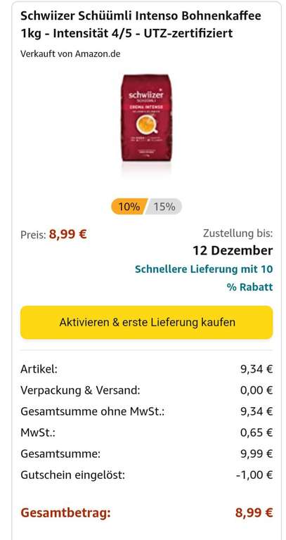 Amazon Prime Spar-Abo: 1kg Schwiizer Schüümli Crema Intenso // mit 65%Arabica und 35% Robusta Bohnen