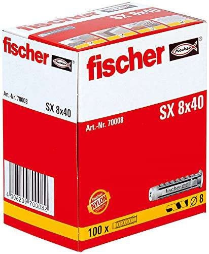 fischer Spreizdübel SX 8 x 40, Schachtel mit 100 Nylondübeln, für optimalen Halt in Beton, Hochlochziegel, Porenbeton, Vollziegel uvm. PRIME