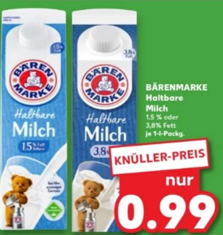 [Kaufland Bundesweit] Milch Bärenmarke H-Milch 3,8% oder 1.5% Fett 1L