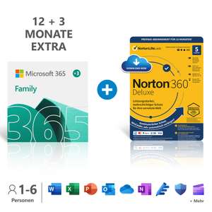[Amazon] Microsoft (Office) 365 - Family 12+3 Monate + Norton 360 Deluxe (15 Monate) oder McAfee (12 Monate) nur 56,99 €