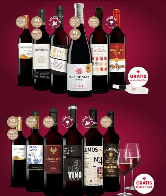 12 Flaschen spanischer Rotwein + 2 Weingläser + Ausgießer für 43,99€ (Neukunden)