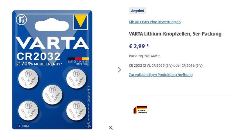 VARTA Lithium-Knopfzellen, 5er-Packung - CR 2032 (3 V), CR 2025 (3 V) oder CR 2016 (3 V)