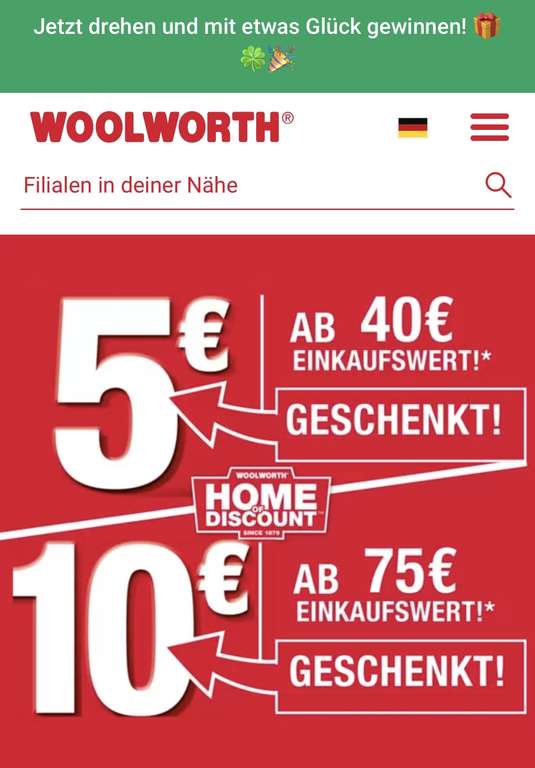 Woolworth 5€/10€ Rabattcoupon/Einkaufsgutschein [lokal] & Glücksrad [online]